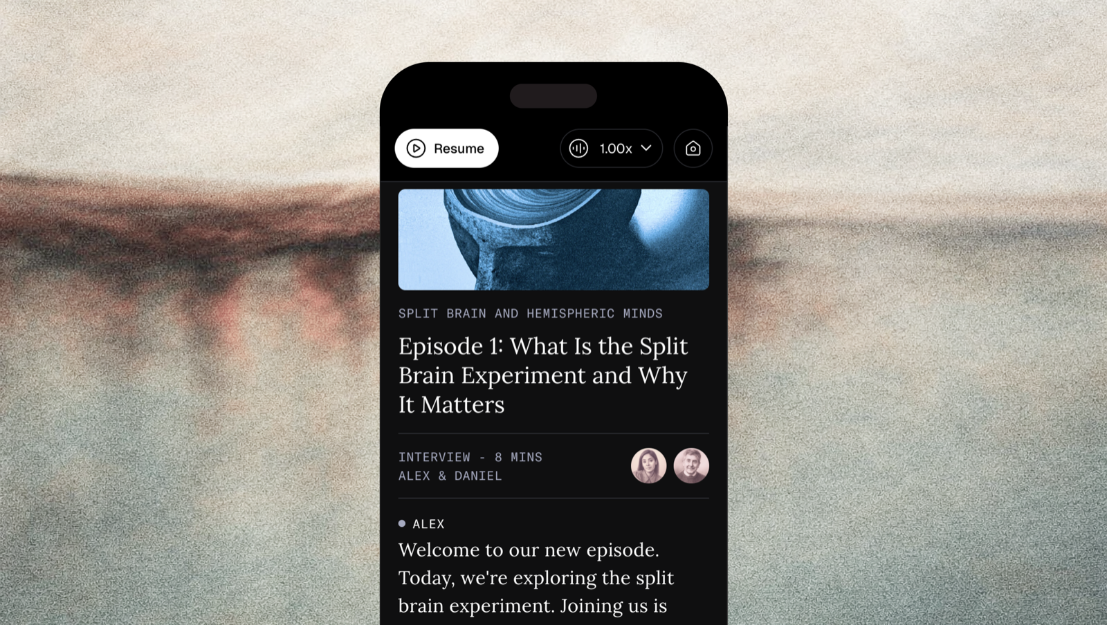 Phone mock showing an Omacast episode page for 'Episode 1: What Is the Split Brain Experiment and Why It Matters', set against a soft, painterly desert backdrop.